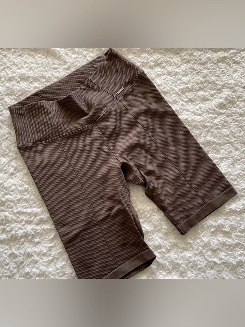 High-Rise Brown Bike Shorts — Textured Stretch Cycling Shorts